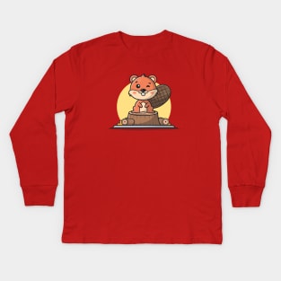 Cute Beaver Sitting Cartoon Vector Icon Illustration Kids Long Sleeve T-Shirt